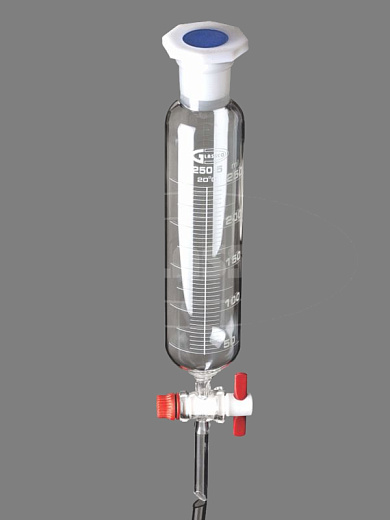 Воронка капельная, 50 мл, цилиндрическая, шлиф 14/23, запорный кран из PTFE, пробка ПП, 1 шт./уп., Glassco